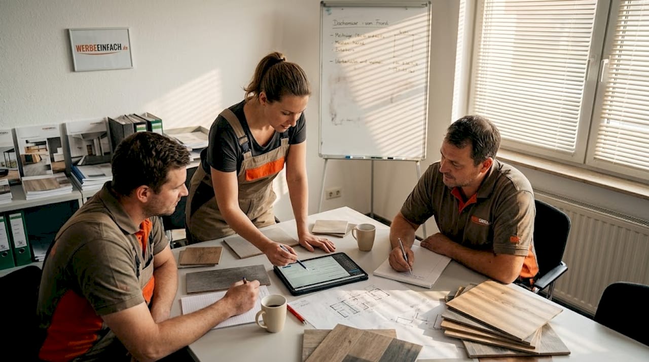 Ein Team von Handwerkern schaut sich gemeinsam die neue Website auf einem Tablet an und bespricht die nächsten Schritte.