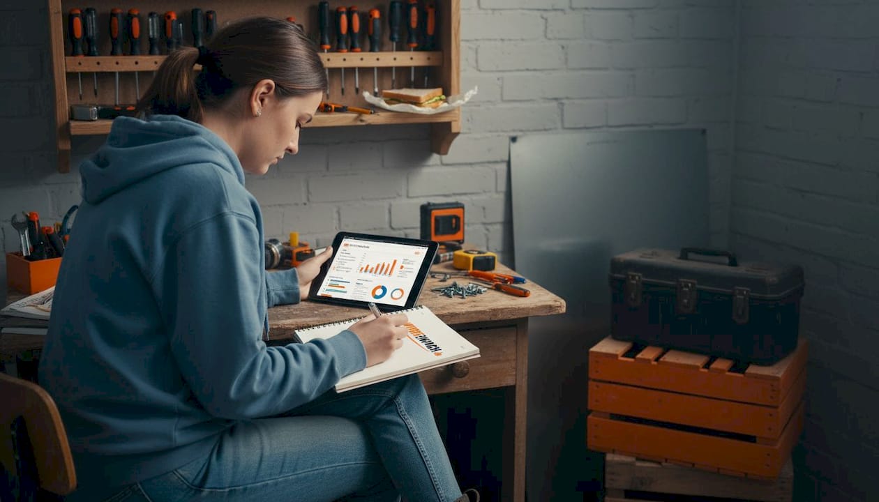 Eine Handwerkerin prüft die Daten ihrer Website direkt am Arbeitsplatz.