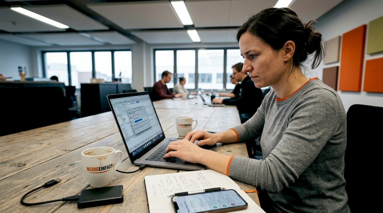 Eine Frau richtet auf ihrem Laptop WordPress von Hand ein.