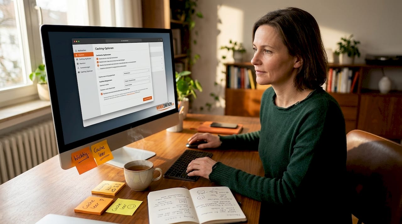 Eine Frau beschäftigt sich am Schreibtisch intensiv mit den Möglichkeiten des WordPress-Cachings.