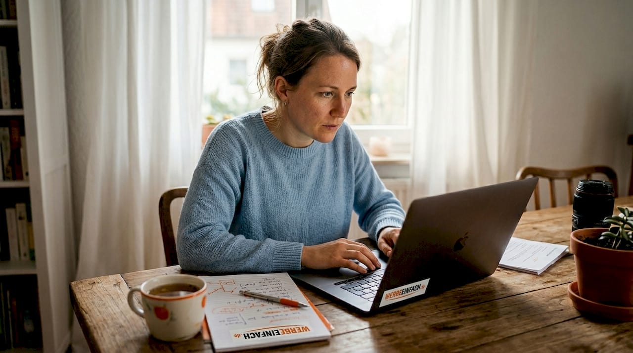 Eine Frau sitzt am Küchentisch und prüft die Caching-Einstellungen für ihren WooCommerce-Shop.