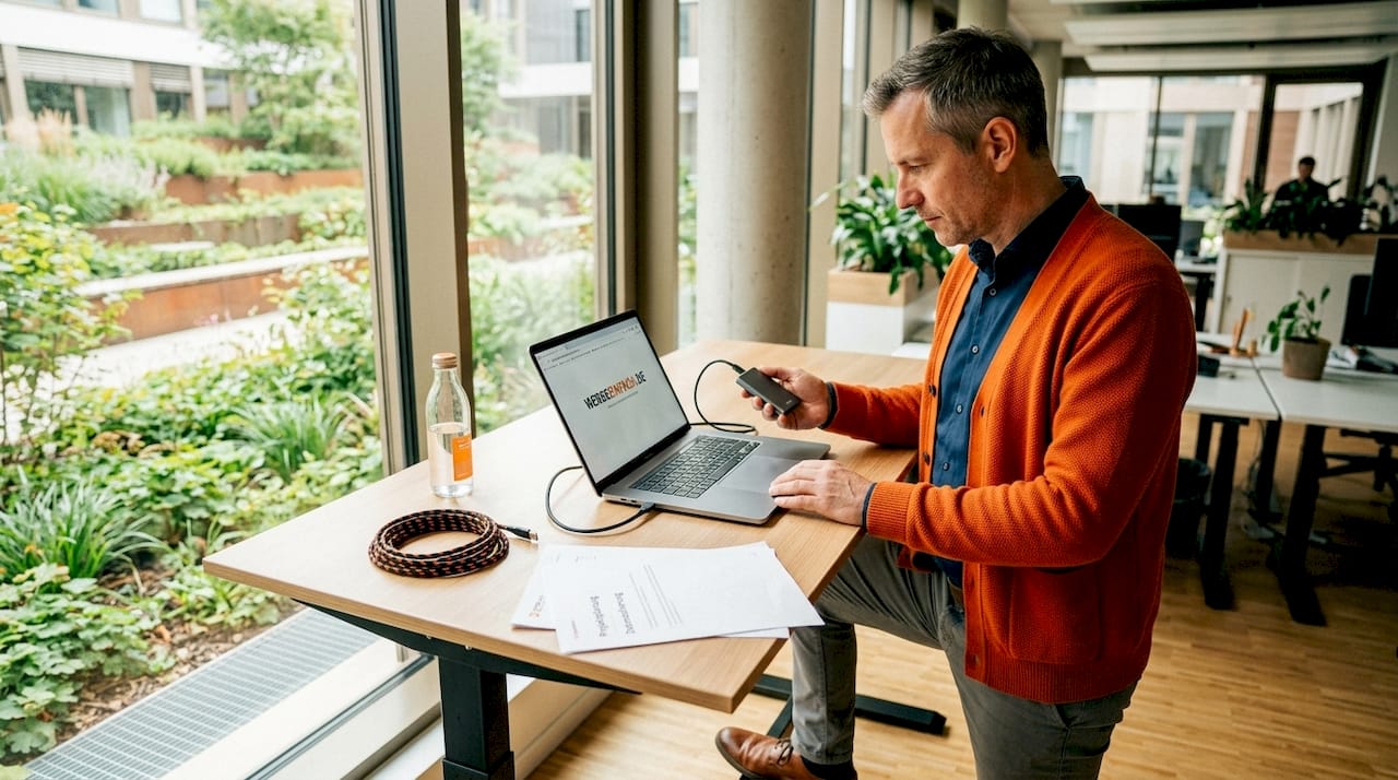 Ein Mann überprüft sein Backup auf einer externen Festplatte.