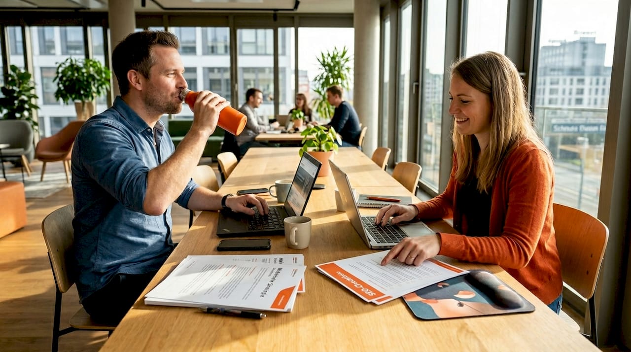 Im Büro arbeiten Kollegen gemeinsam an SEO-Inhalten und tauschen sich kreativ über neue Strategien aus.