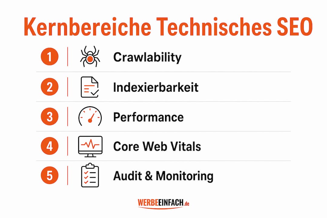 Übersichtsgrafik zu den wichtigsten Aspekten der technischen Suchmaschinenoptimierung