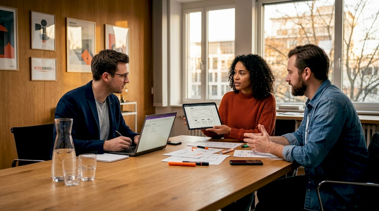Am Besprechungstisch tauscht sich das Team über verschiedene Tools fürs Webdesign aus.