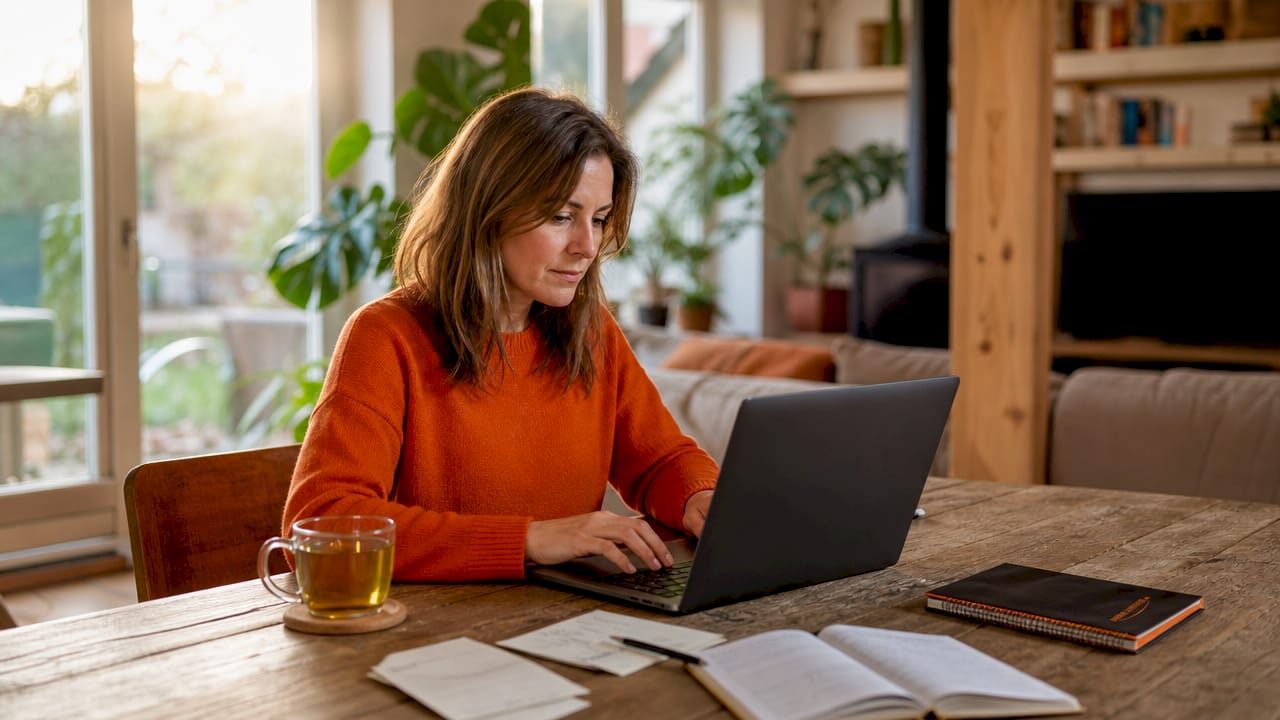 Eine Frau arbeitet konzentriert an ihrem Laptop im Homeoffice.