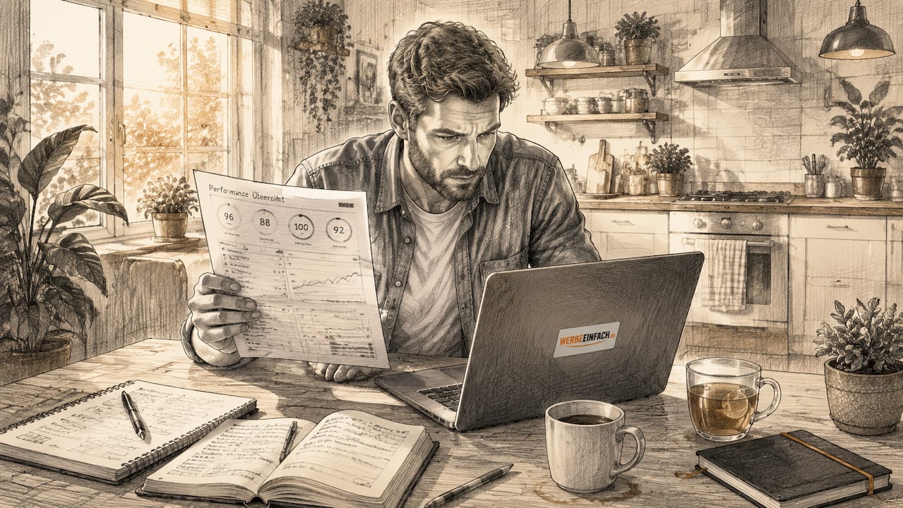 Ein Webentwickler sitzt konzentriert am Arbeitsplatz und analysiert Daten oder Code.