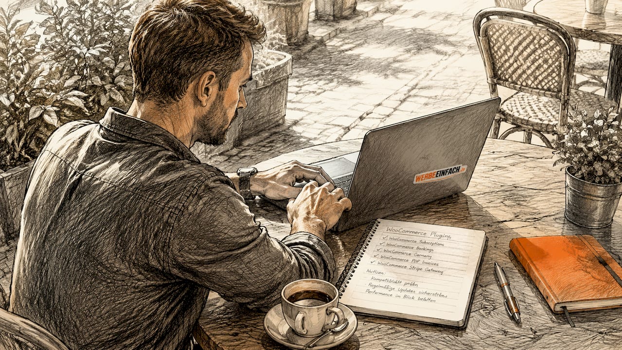 Ein Mann richtet in seinem Homeoffice neue Plugins auf seinem Laptop ein.
