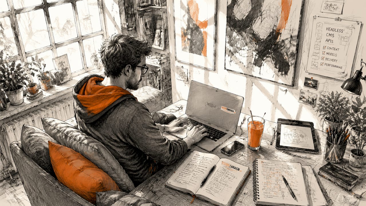 Ein Entwickler konzentriert sich am Laptop auf seine Arbeit und hat wichtige Unterlagen griffbereit.