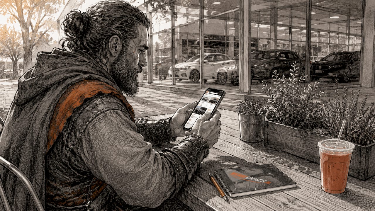 Ein Mann steht vor einem Autohaus und nutzt sein Smartphone.