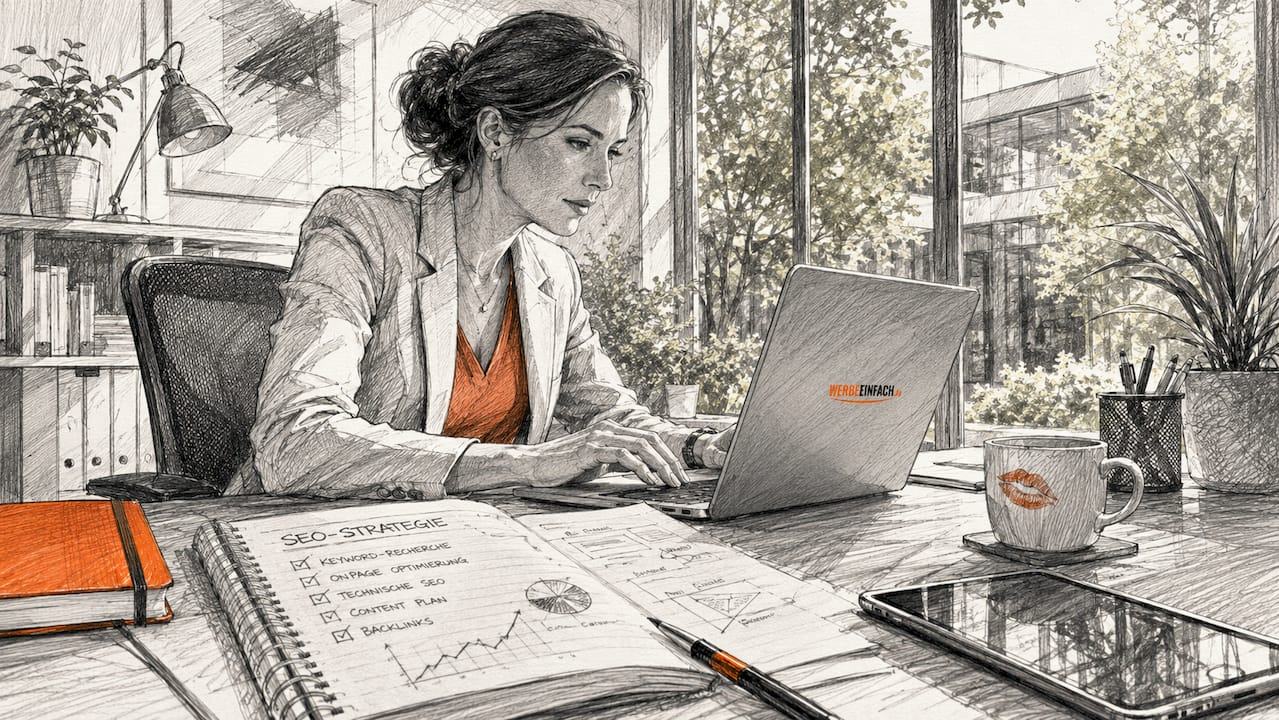 Eine Frau sitzt im Büro und arbeitet fokussiert an ihrem Laptop.