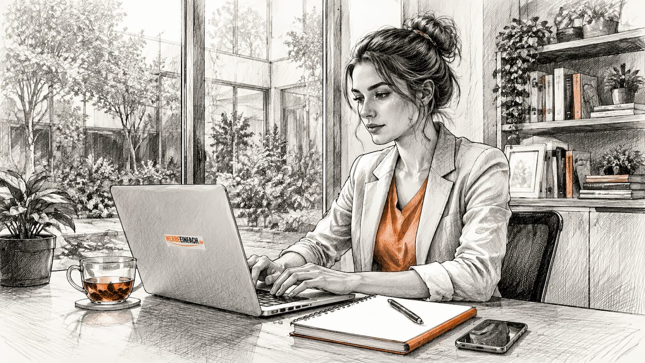 Eine Frau sitzt im Büro und arbeitet konzentriert an ihrem Laptop.