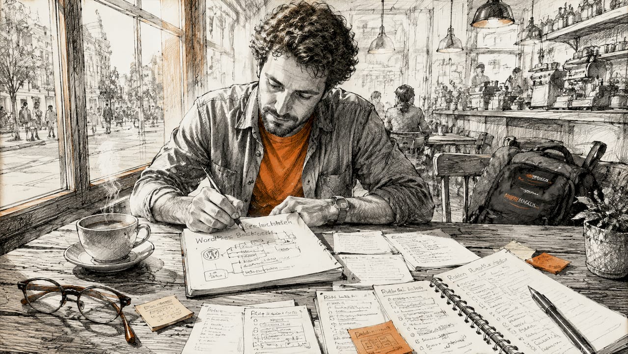 Mit Stift und Notizbuch werden WordPress-Benutzerrollen sorgfältig geplant.
