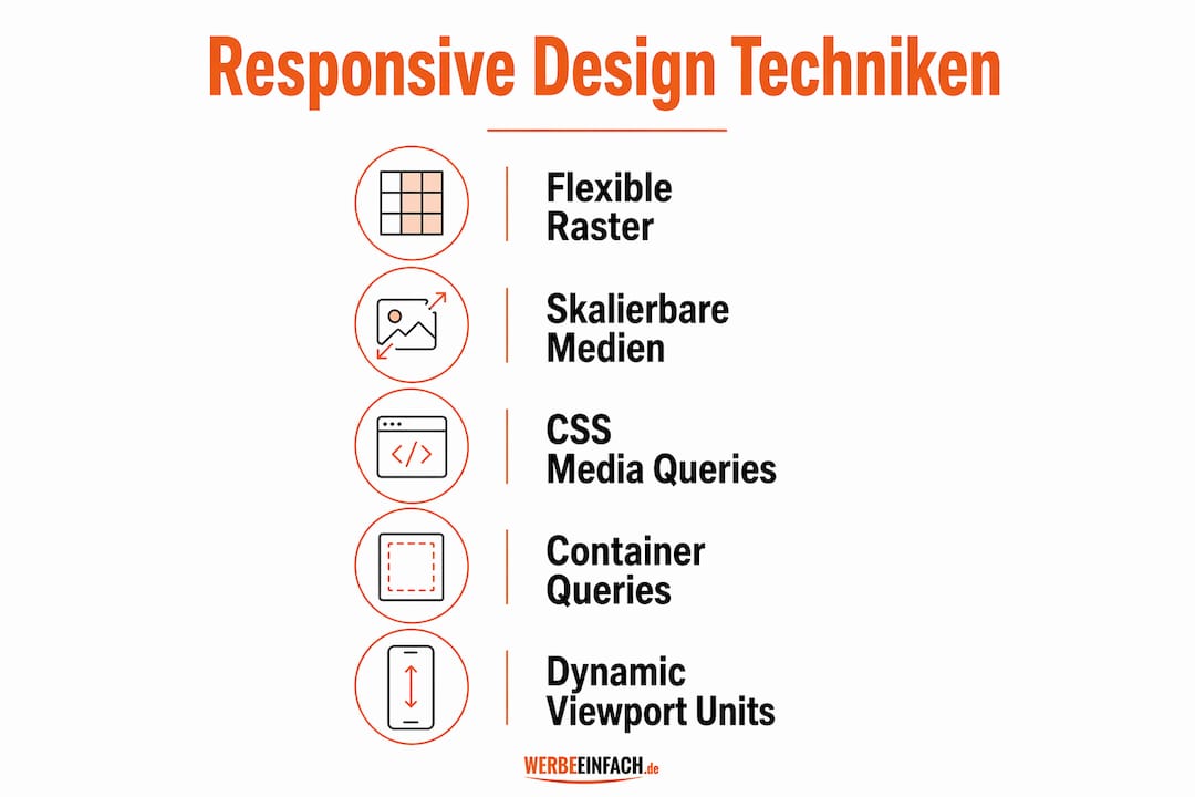 Die Infografik gibt einen Überblick über die zentralen Methoden des Responsive Designs.