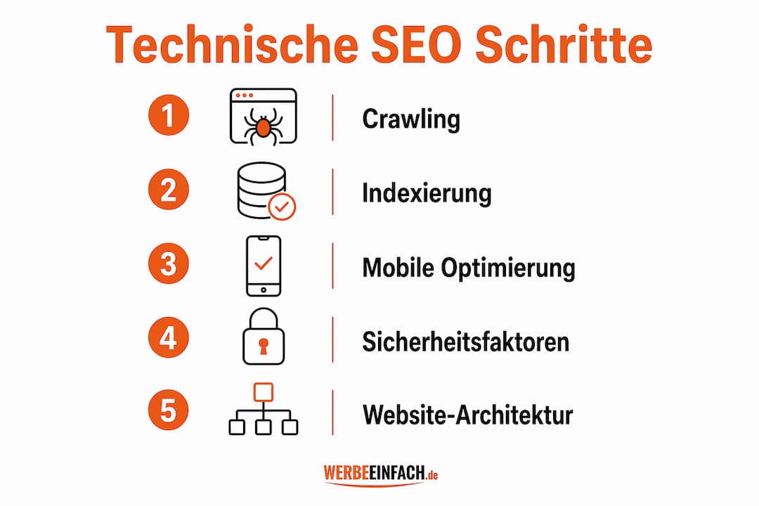 Übersichtsgrafik: Die fünf wichtigsten Schritte für eine erfolgreiche technische SEO