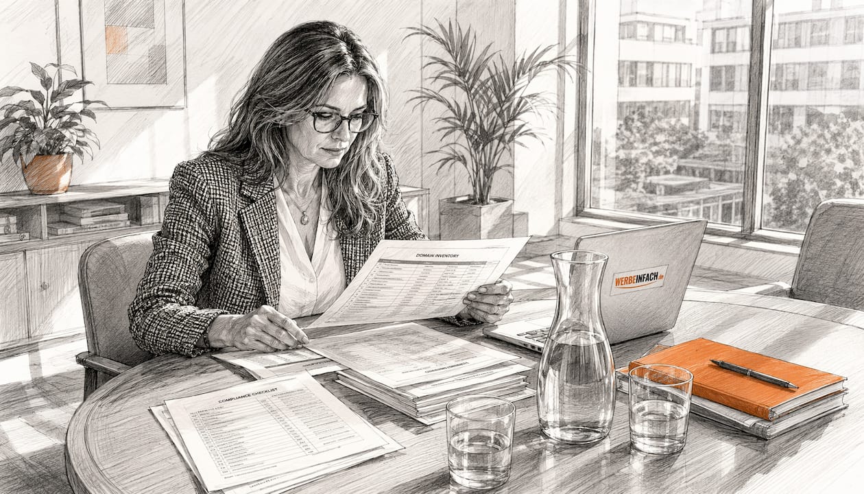 Eine Person prüft im Büro Unterlagen zum Bestand der Domains.