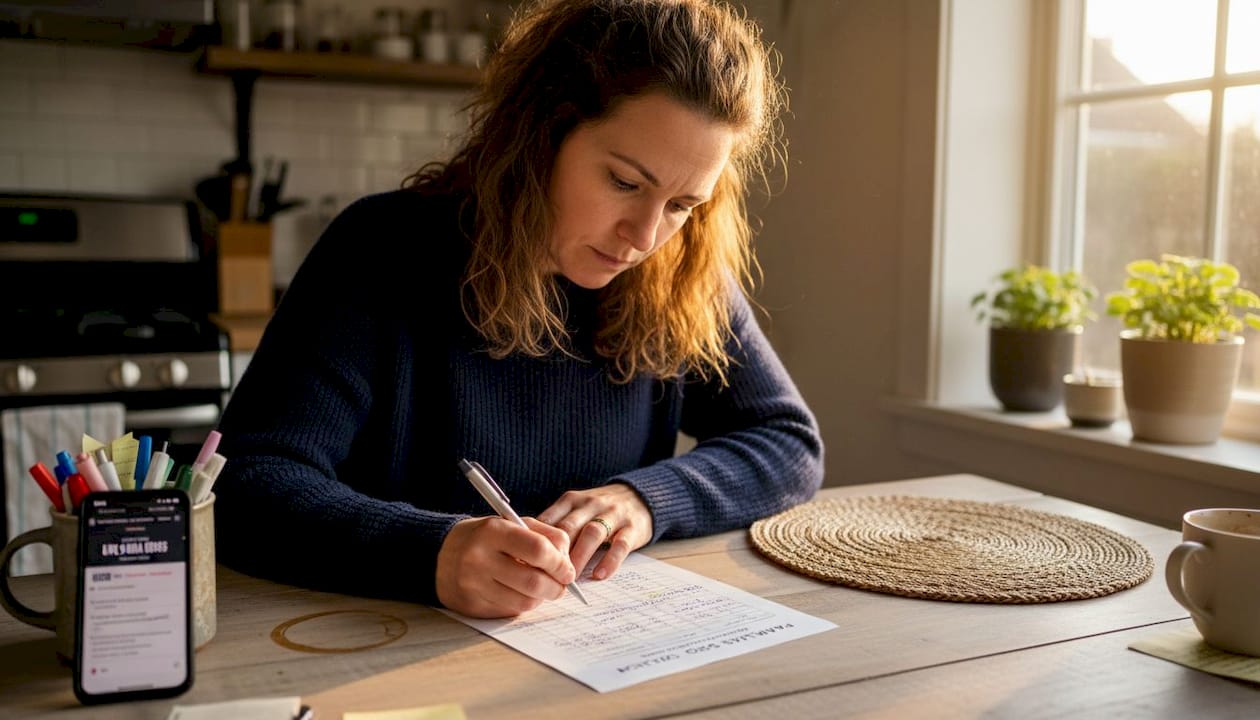 Woman marking sports parlay odds at kitchen table