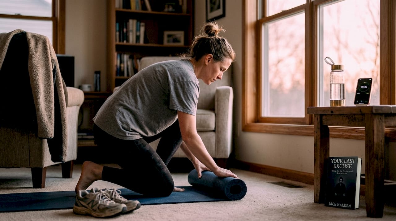 Woman starting sunrise yoga habit at home