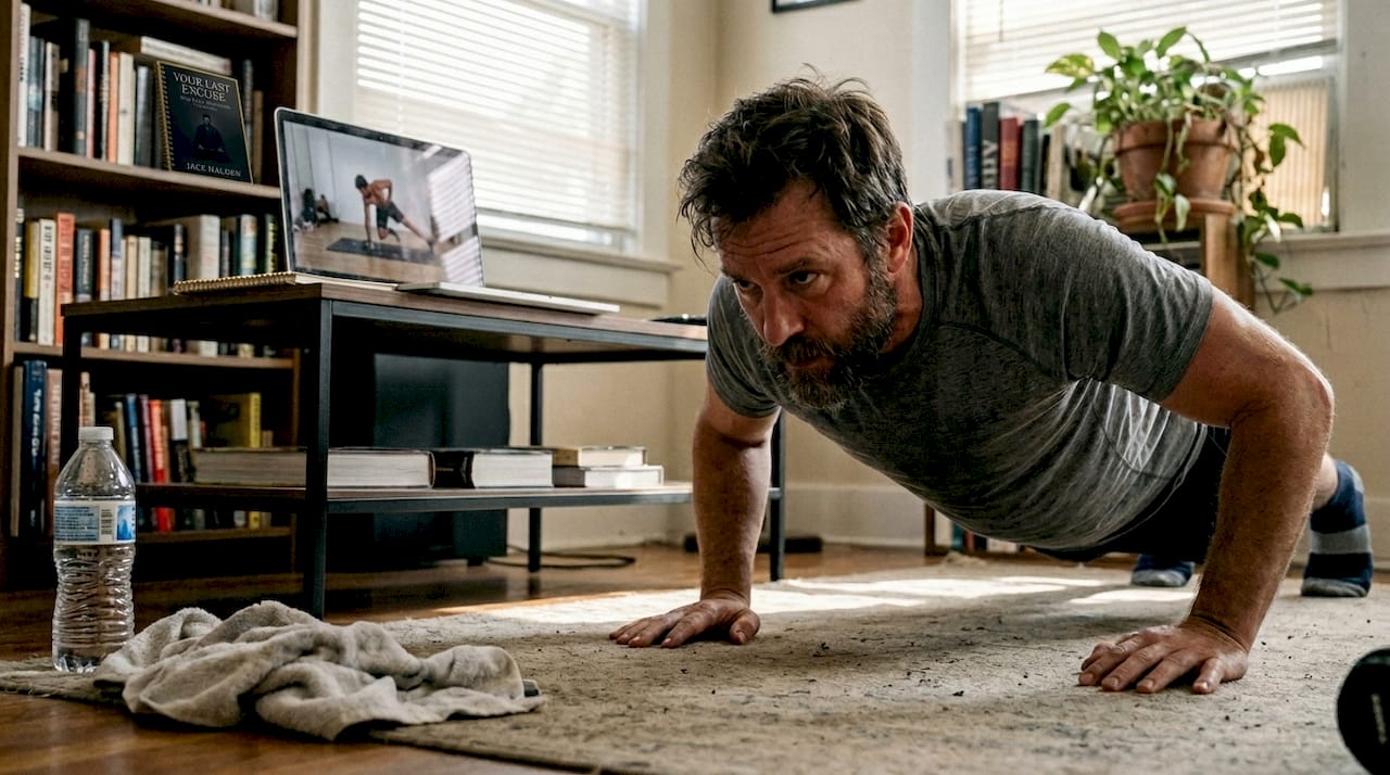 Man doing home workout in living room