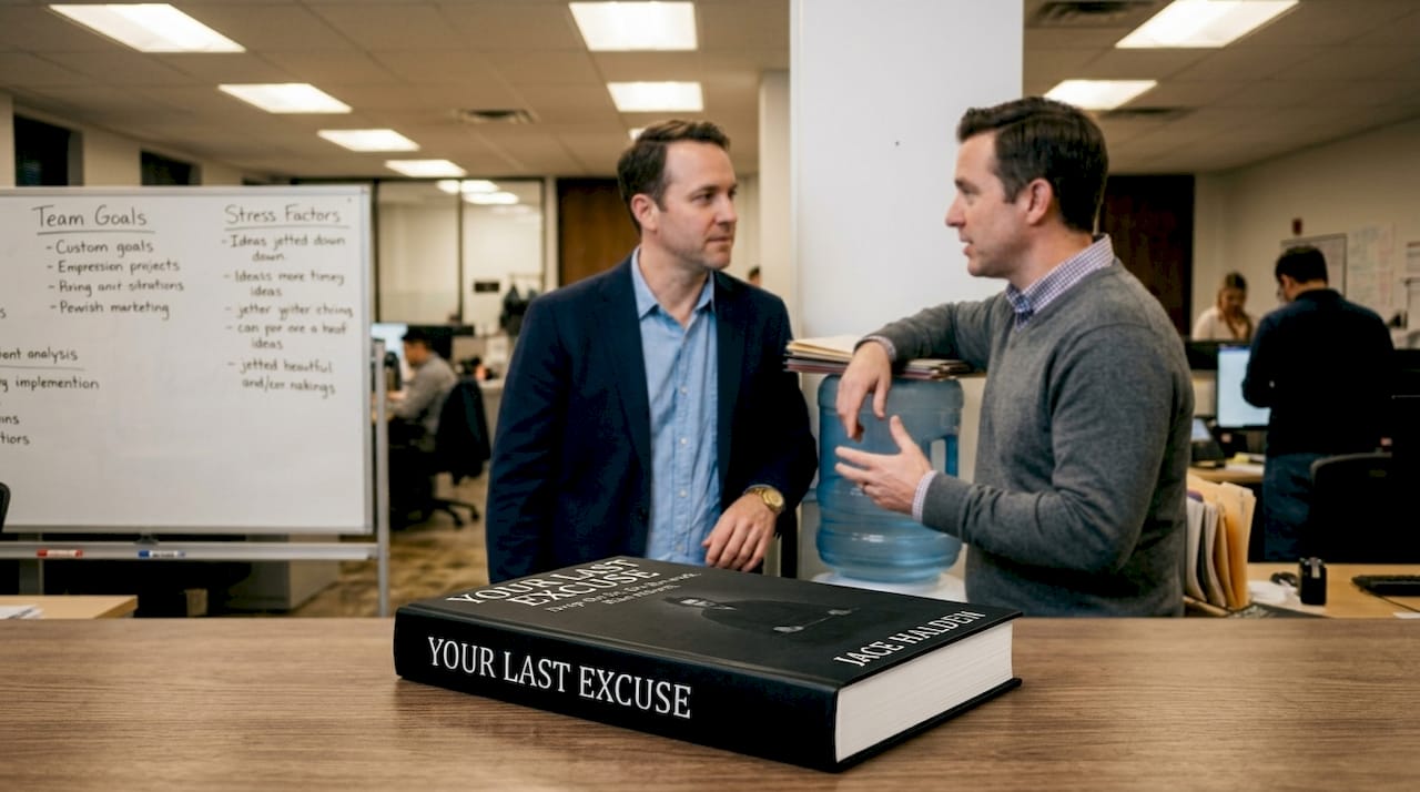 Men discussing stress in office setting