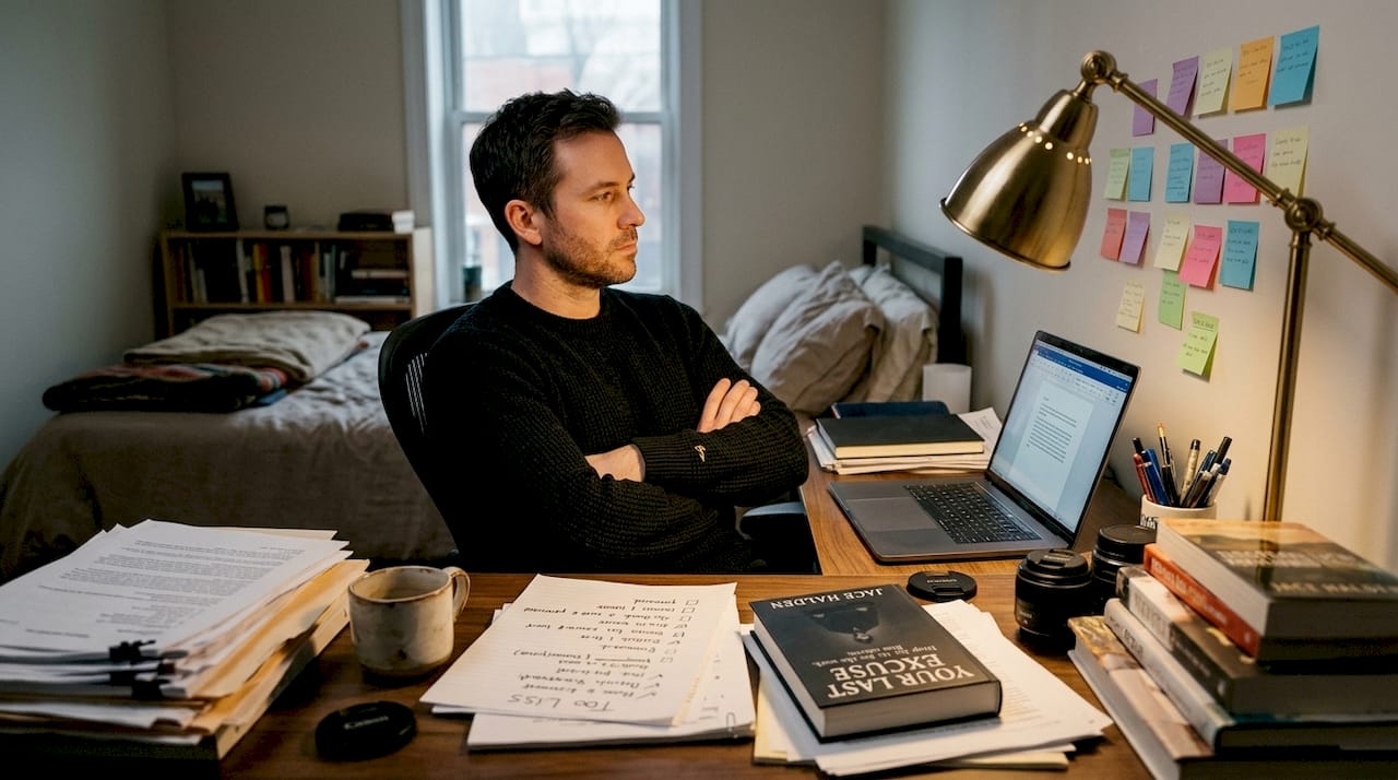 Man reflecting at desk in home office