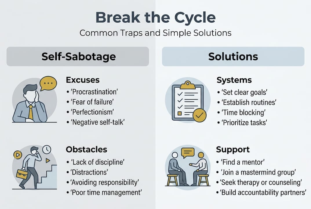 Infographic on self-sabotage causes and solutions