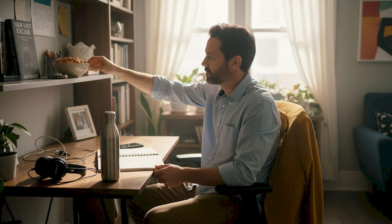 Man organizing workspace to reduce distraction