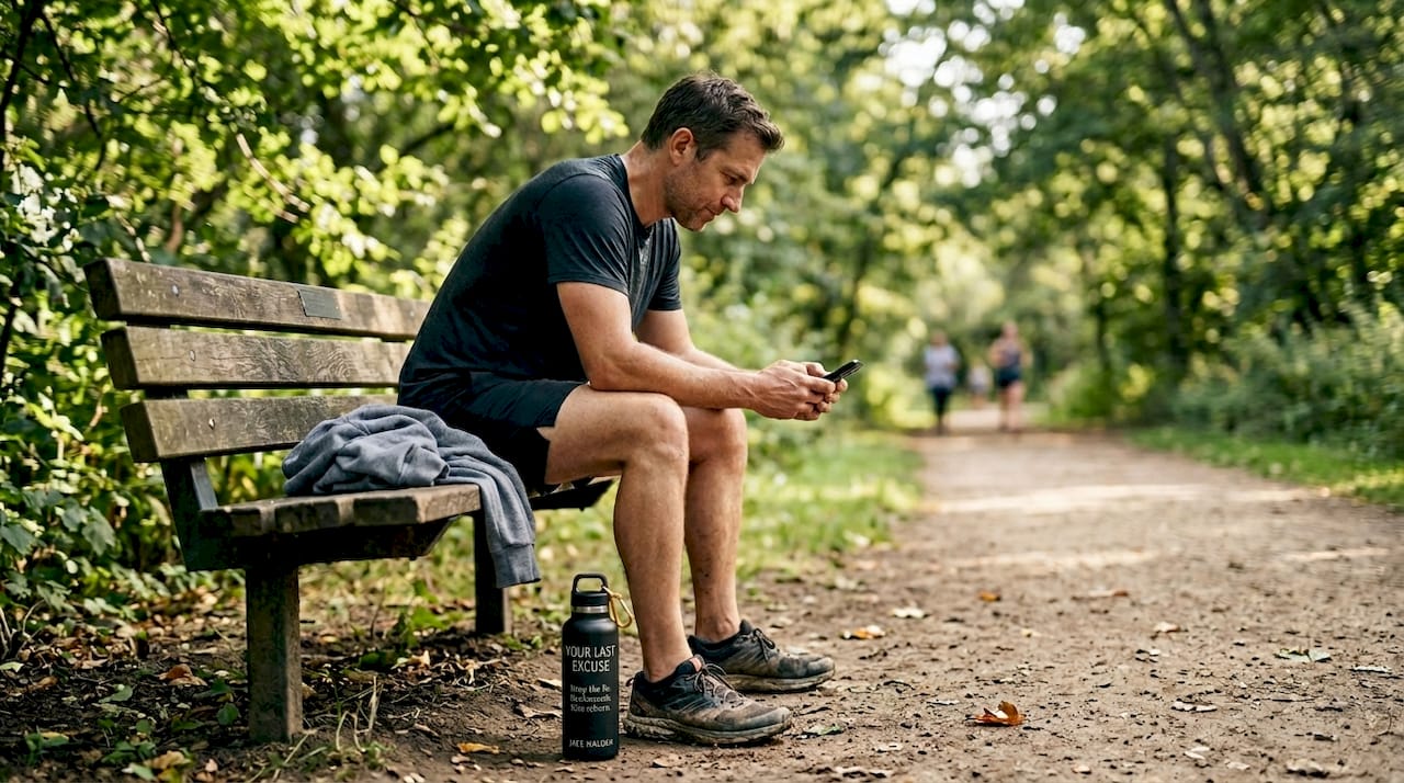 Man resting on bench reviewing workout progress
