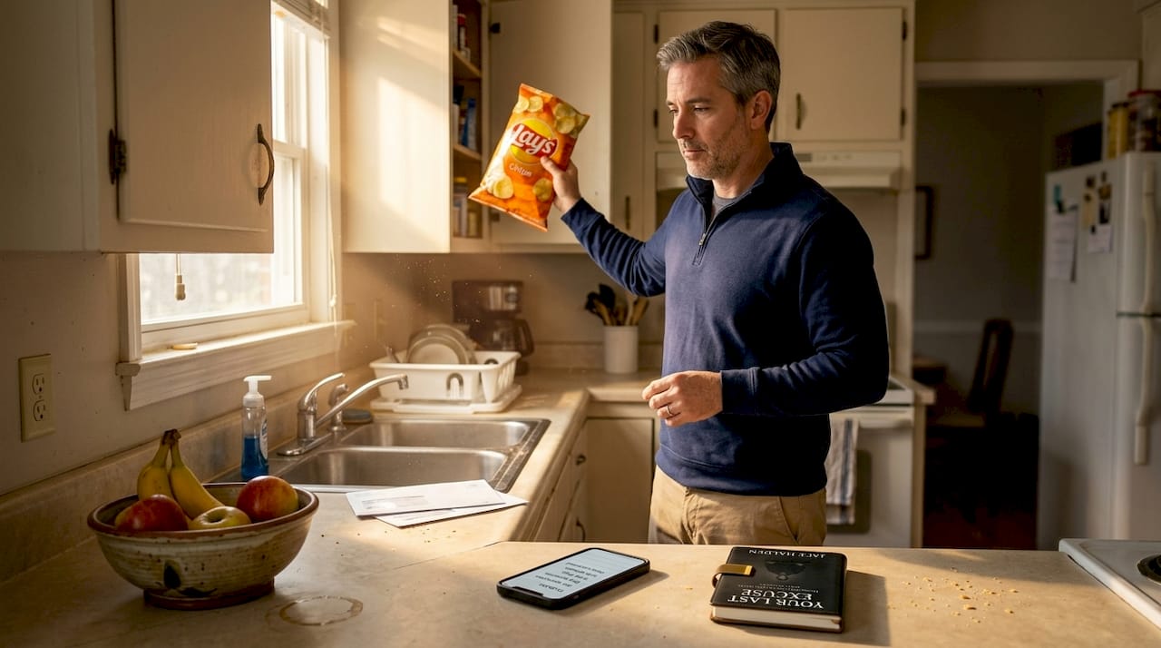 Man removing snacks from kitchen cabinet