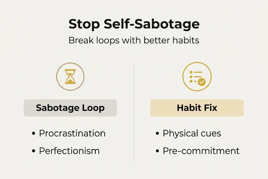 Infographic visualizing self-sabotage loop and habit fixes