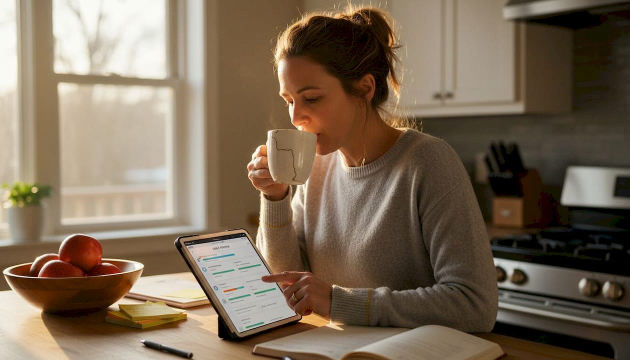 Woman tracking personal habits at kitchen counter
