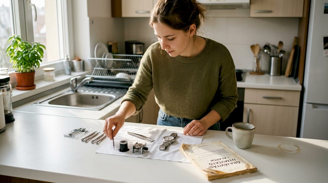 Egy nő óraszerelő szerszámokat készít elő a konyhapulton.