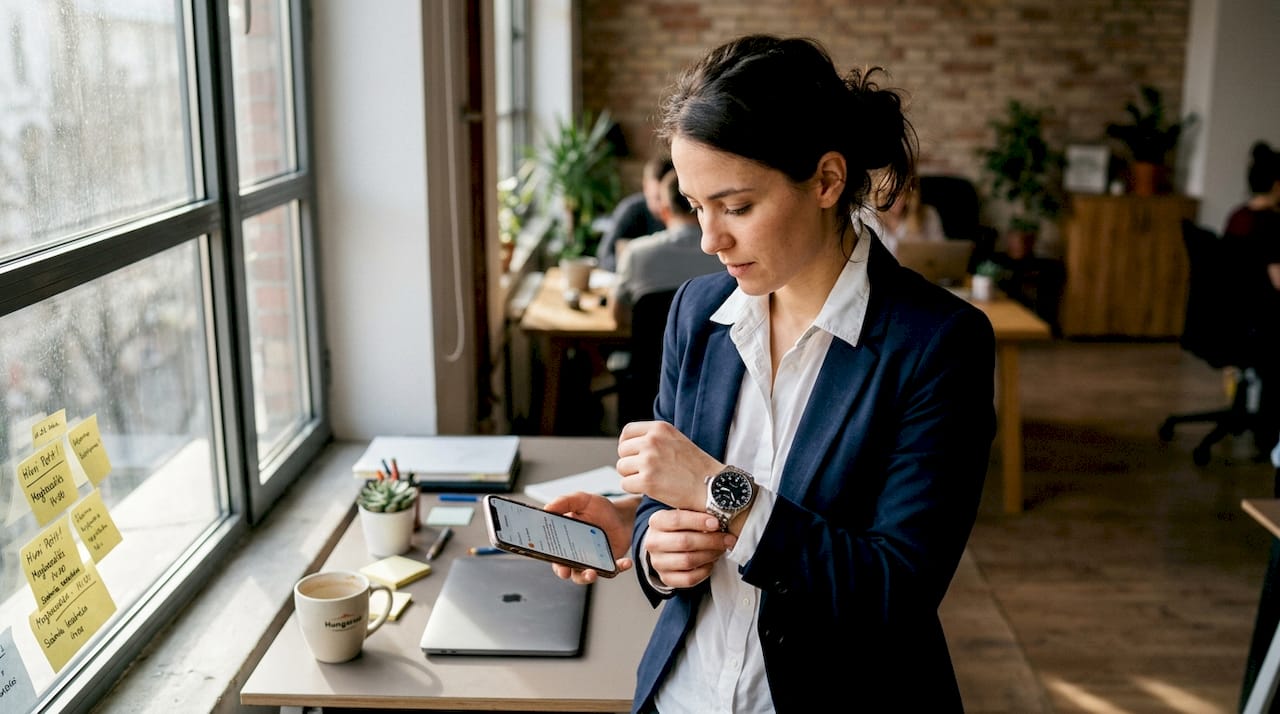 Egy nő a munkahelyén igazít a pilótaóráján.