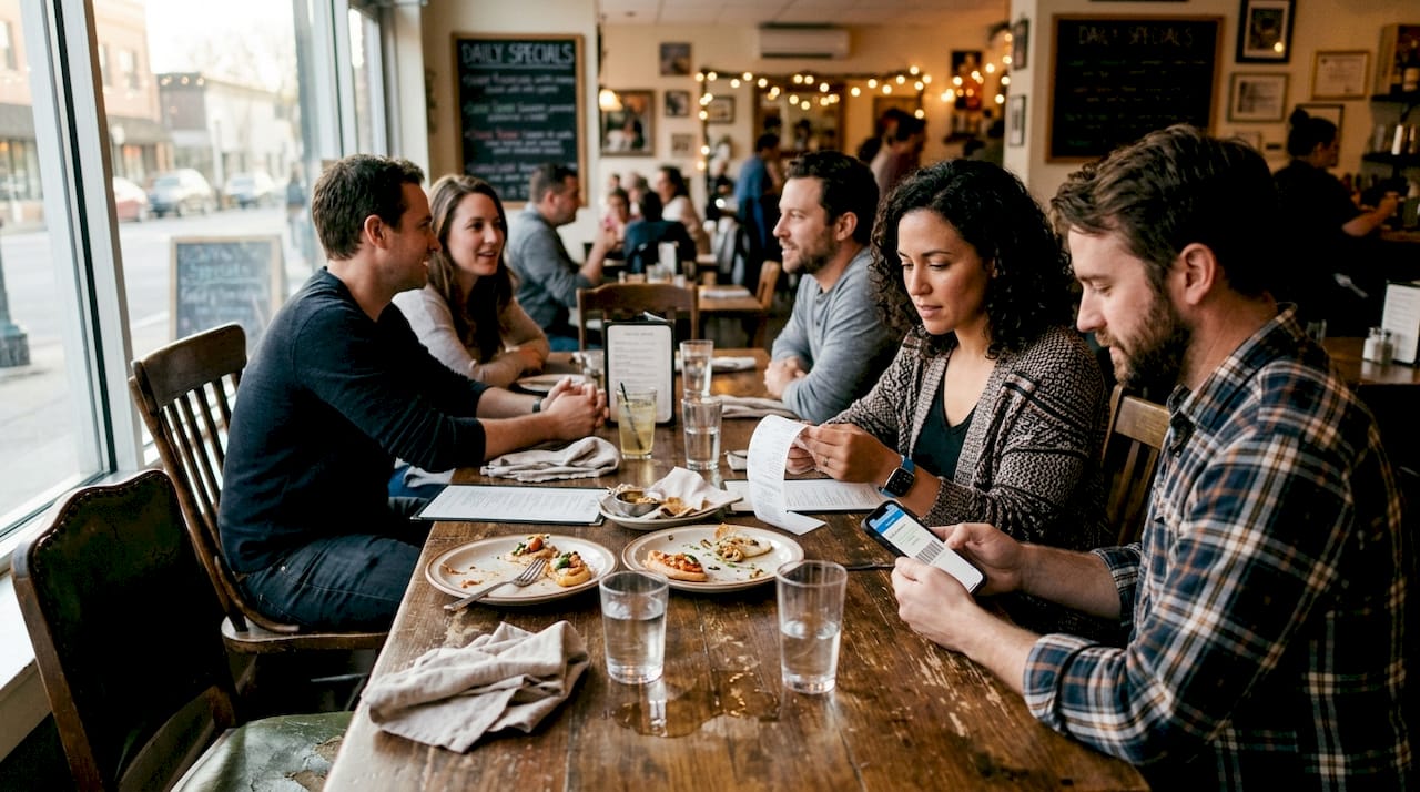 Friends use voucher code at restaurant table