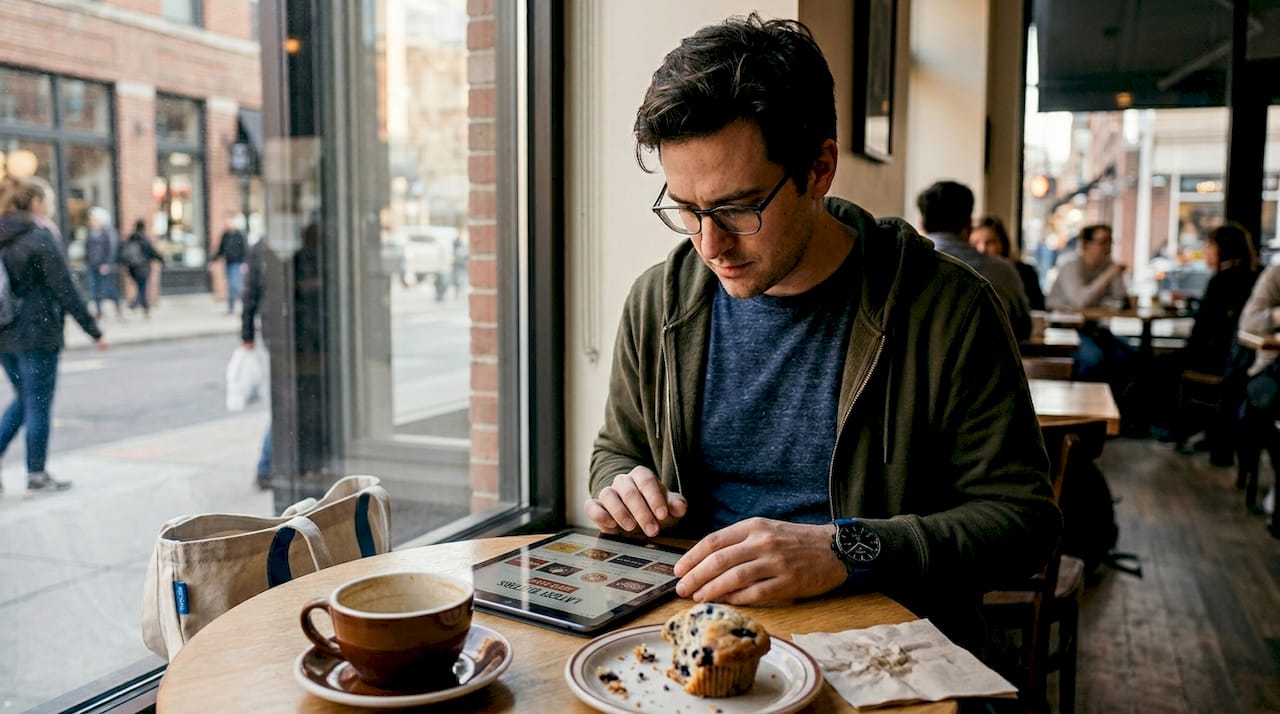 Person browsing coupon deals at cafe