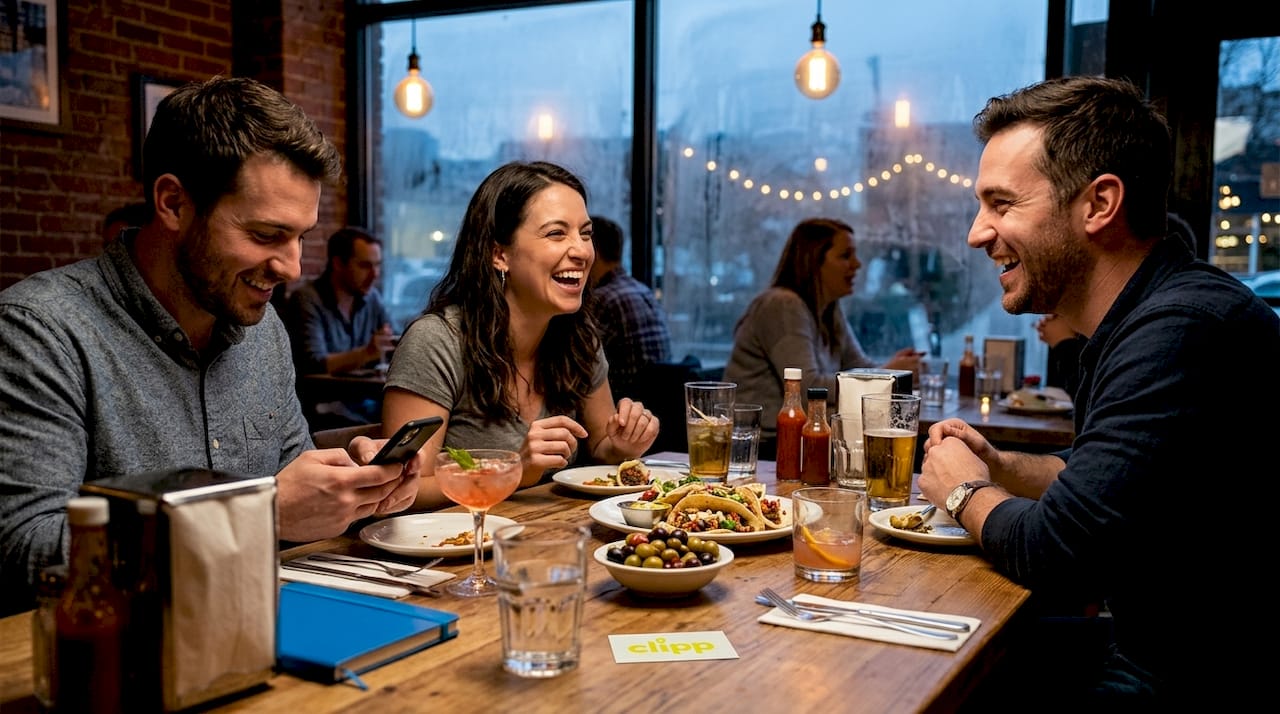 Friends dining at local restaurant table