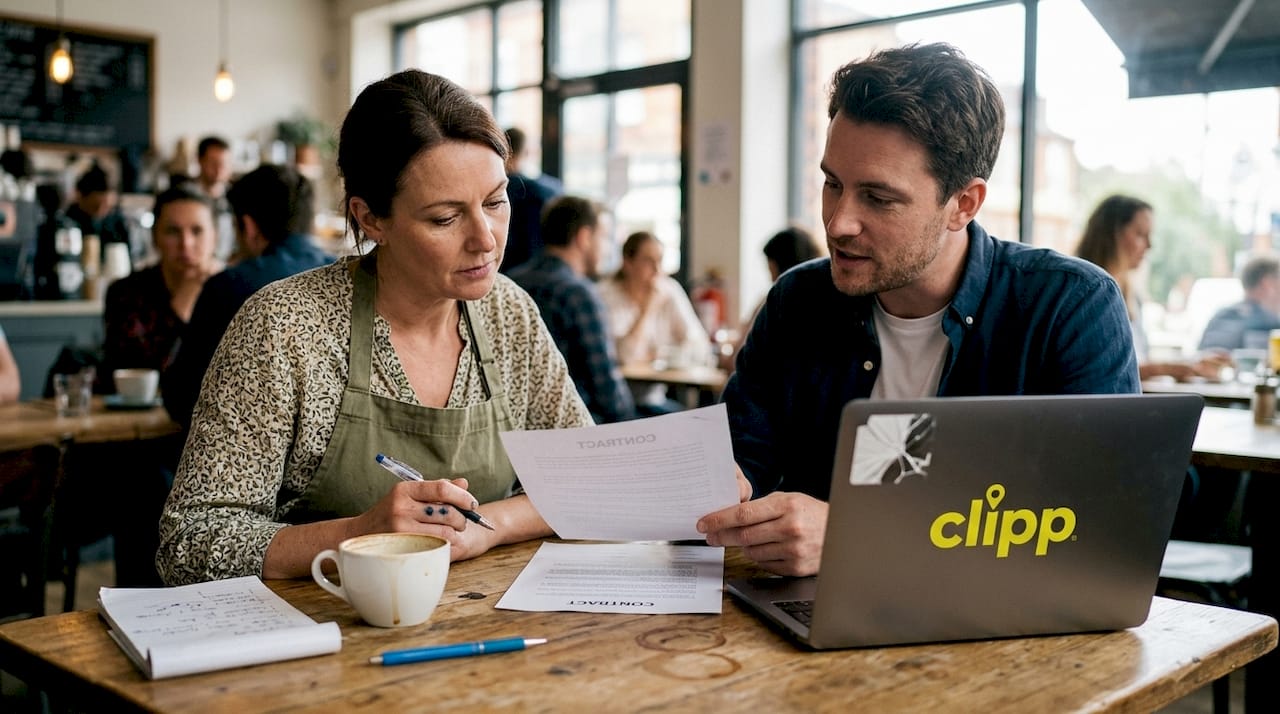 Business owner and deal rep review contract at café