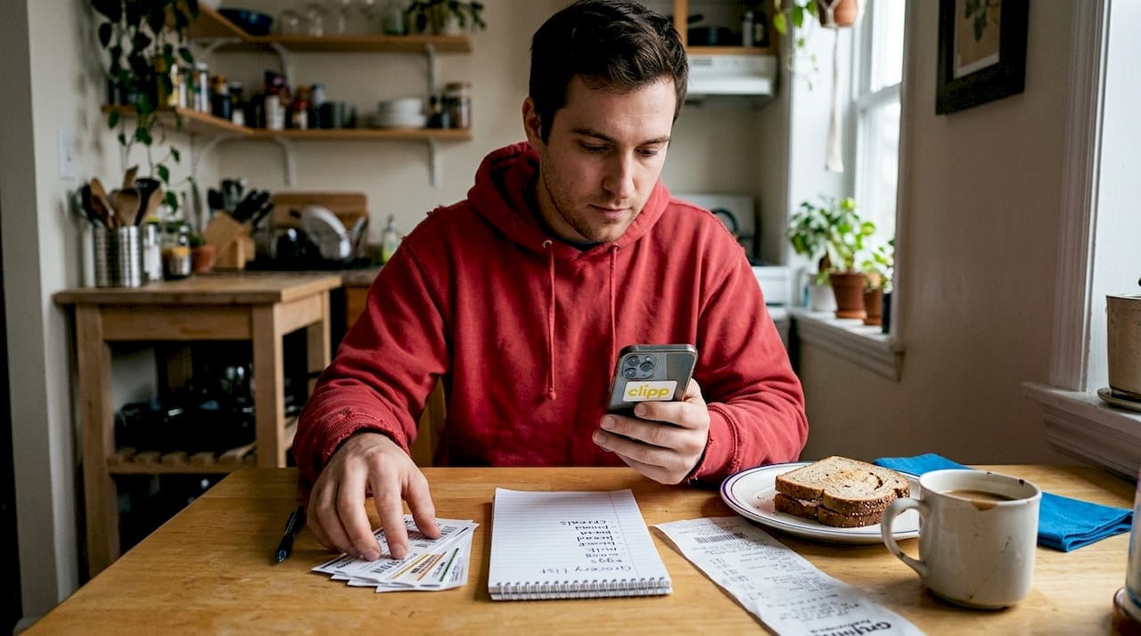 Man combining paper and app coupons