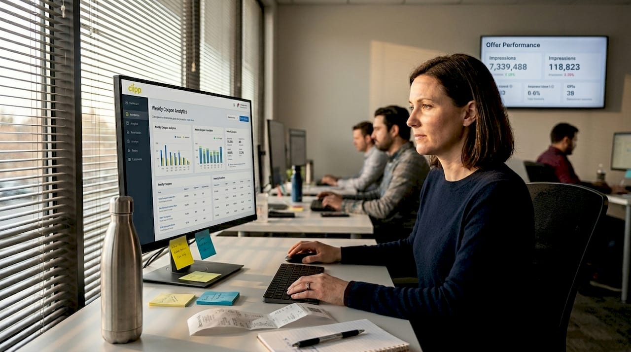 Manager reviewing coupon performance analytics