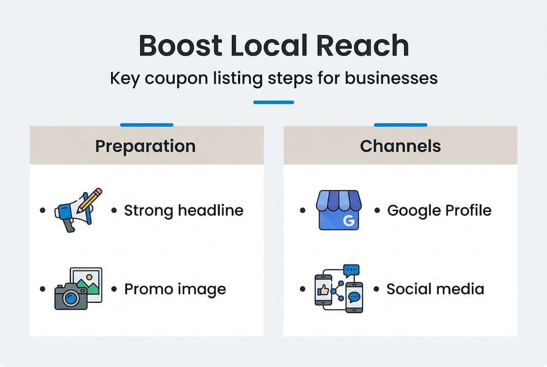 Infographic showing coupon listing steps and channels