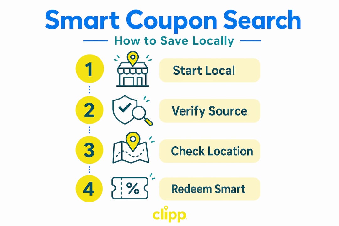 Infographic showing four steps for local coupon searching