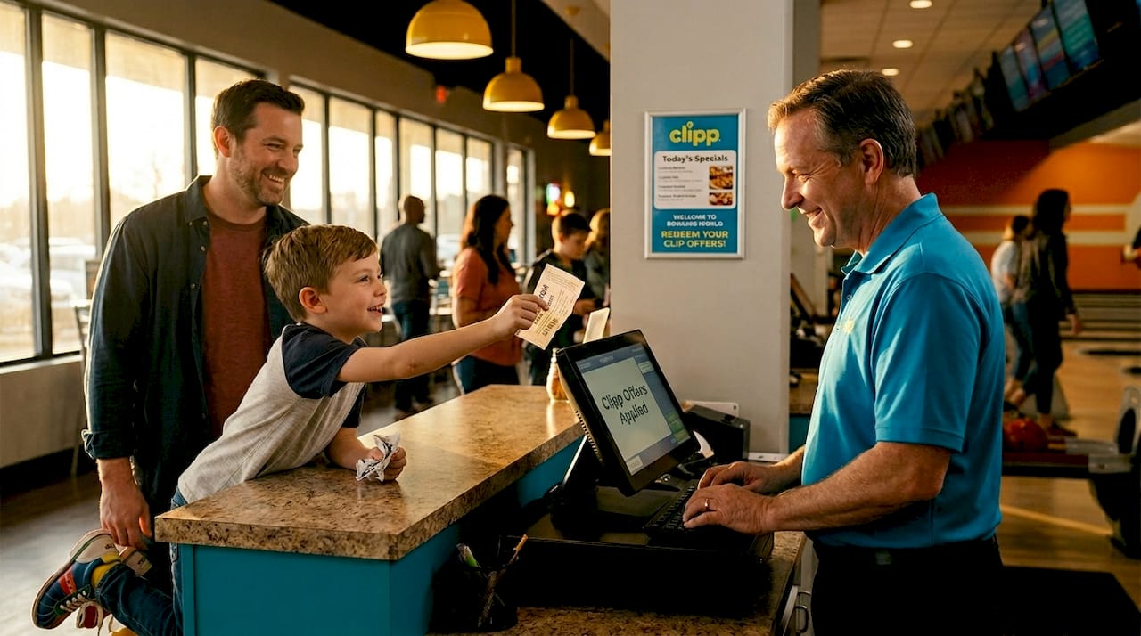 Family redeeming entertainment coupon at bowling alley