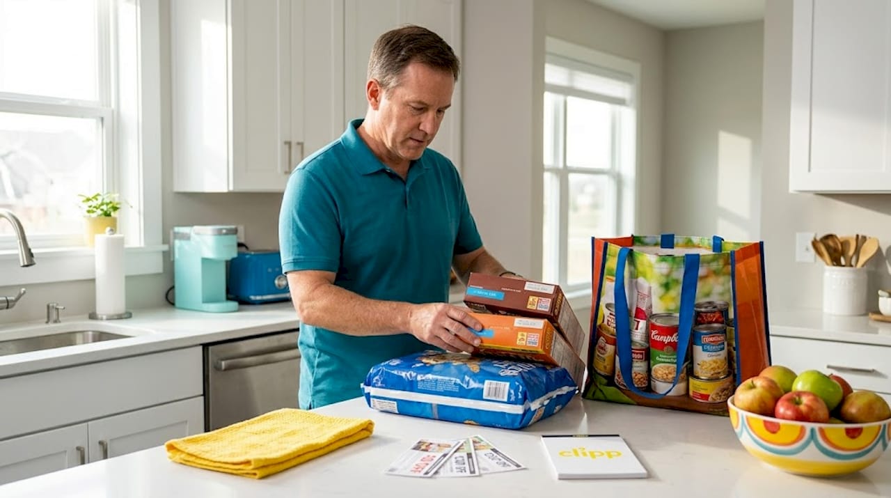 Man sorting bulk groceries in cluttered kitchen