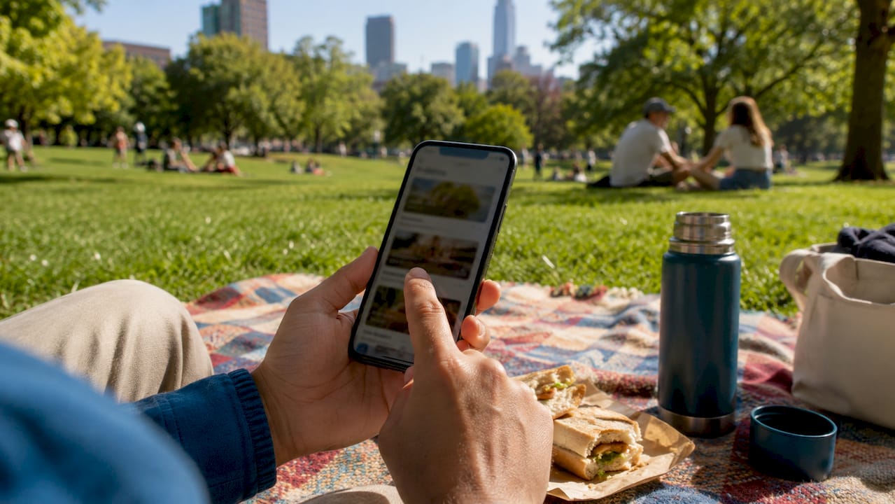 Hands scrolling membership app at outdoor café