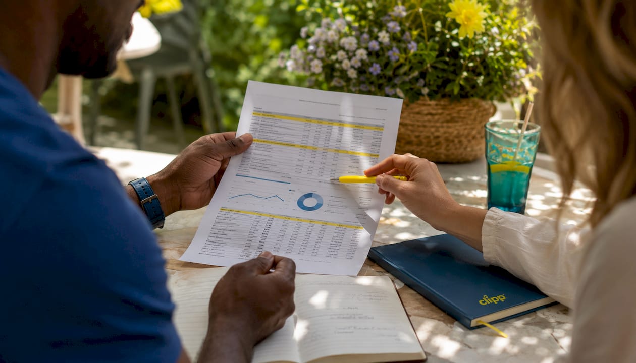 Hands reviewing structured data documents outdoors café