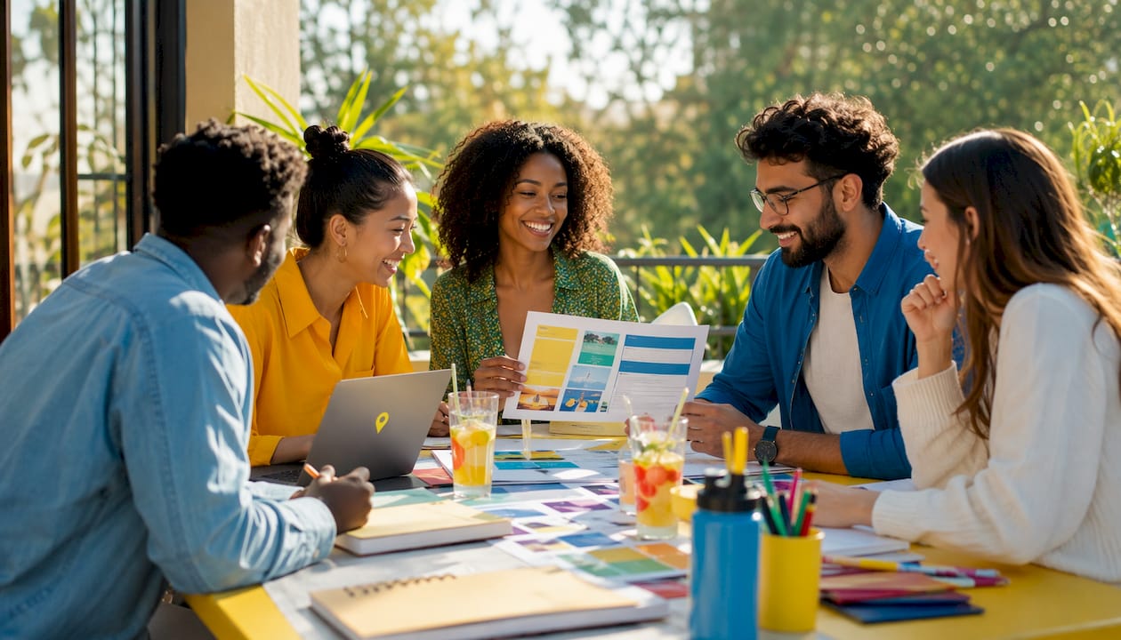 Marketing team coordinating multi-channel campaigns around table