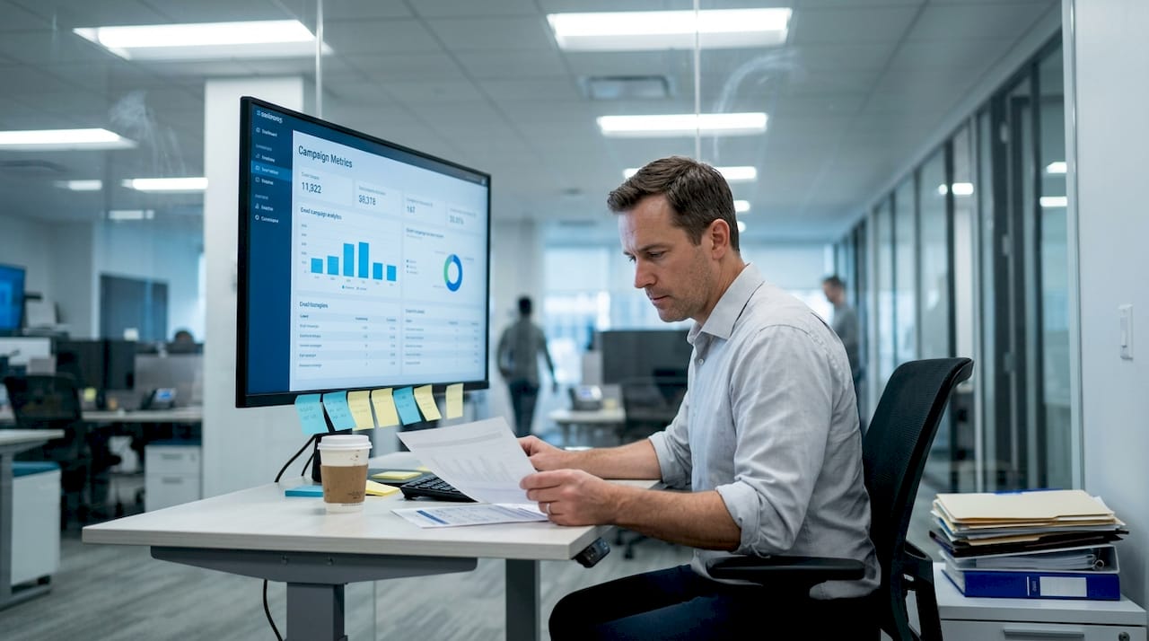 Man reviewing email campaign analytics in office
