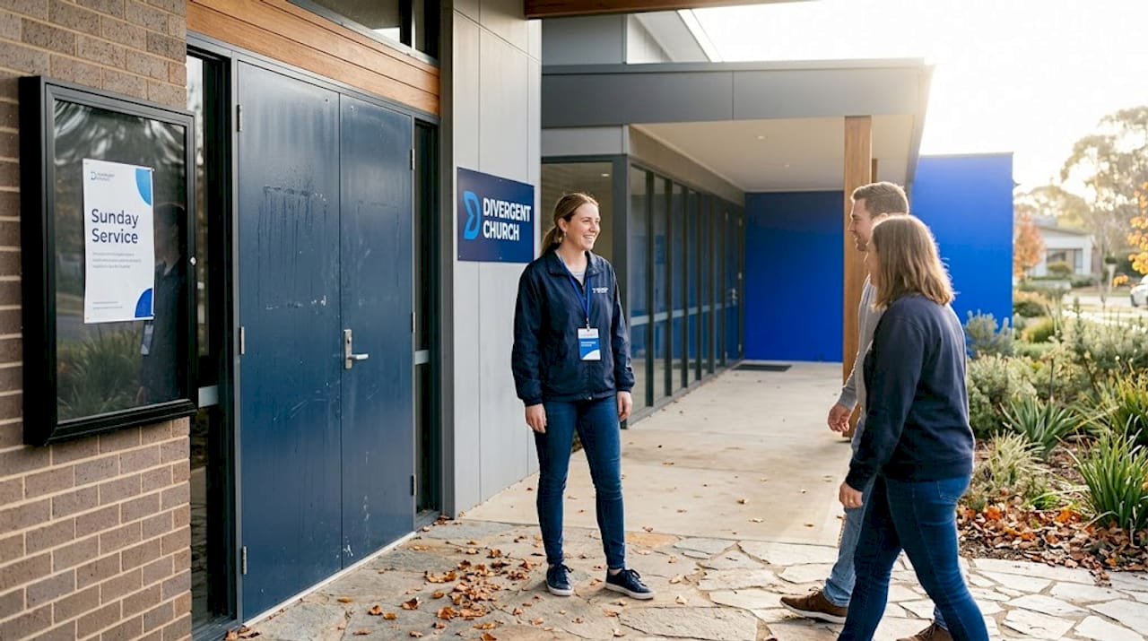 Volunteers gathering at church entrance Canberra