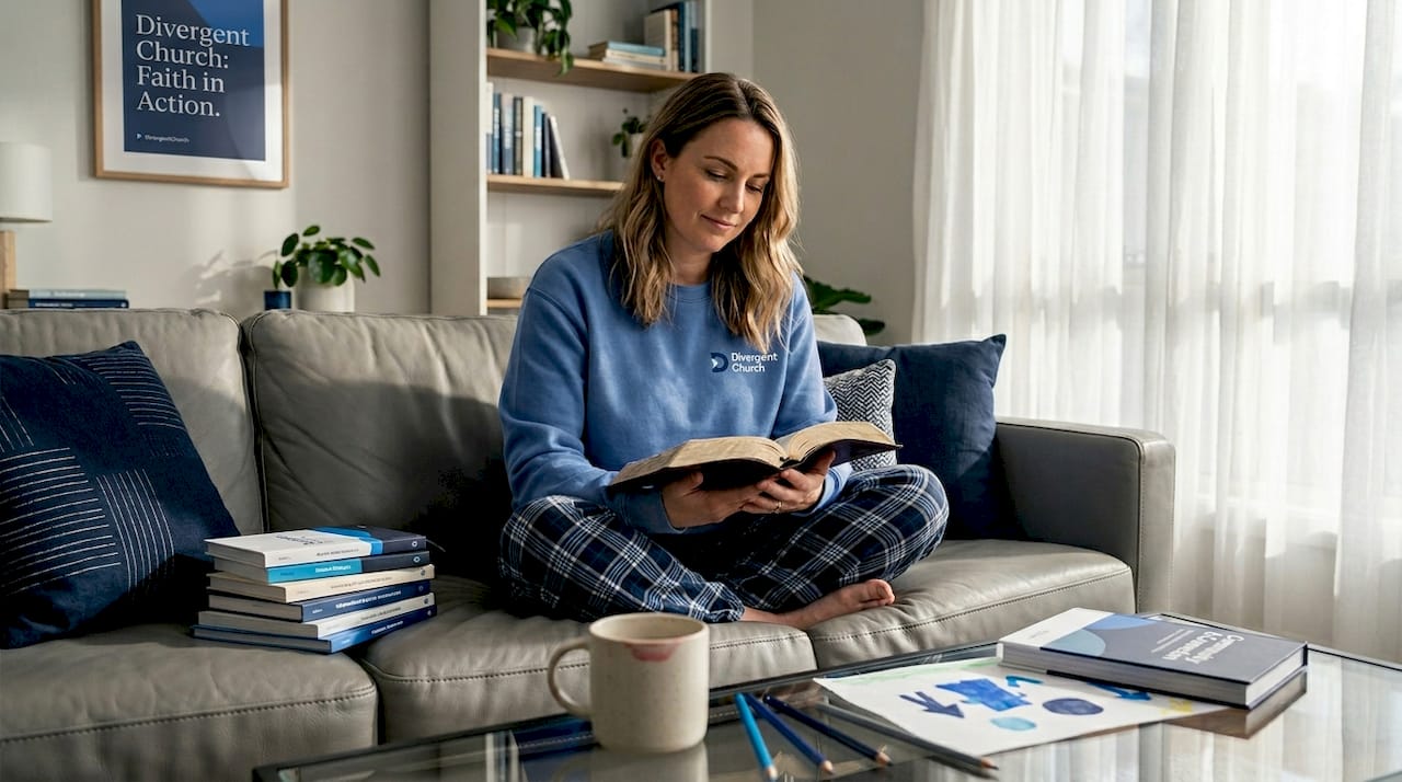 Woman reading Bible on sunlit couch