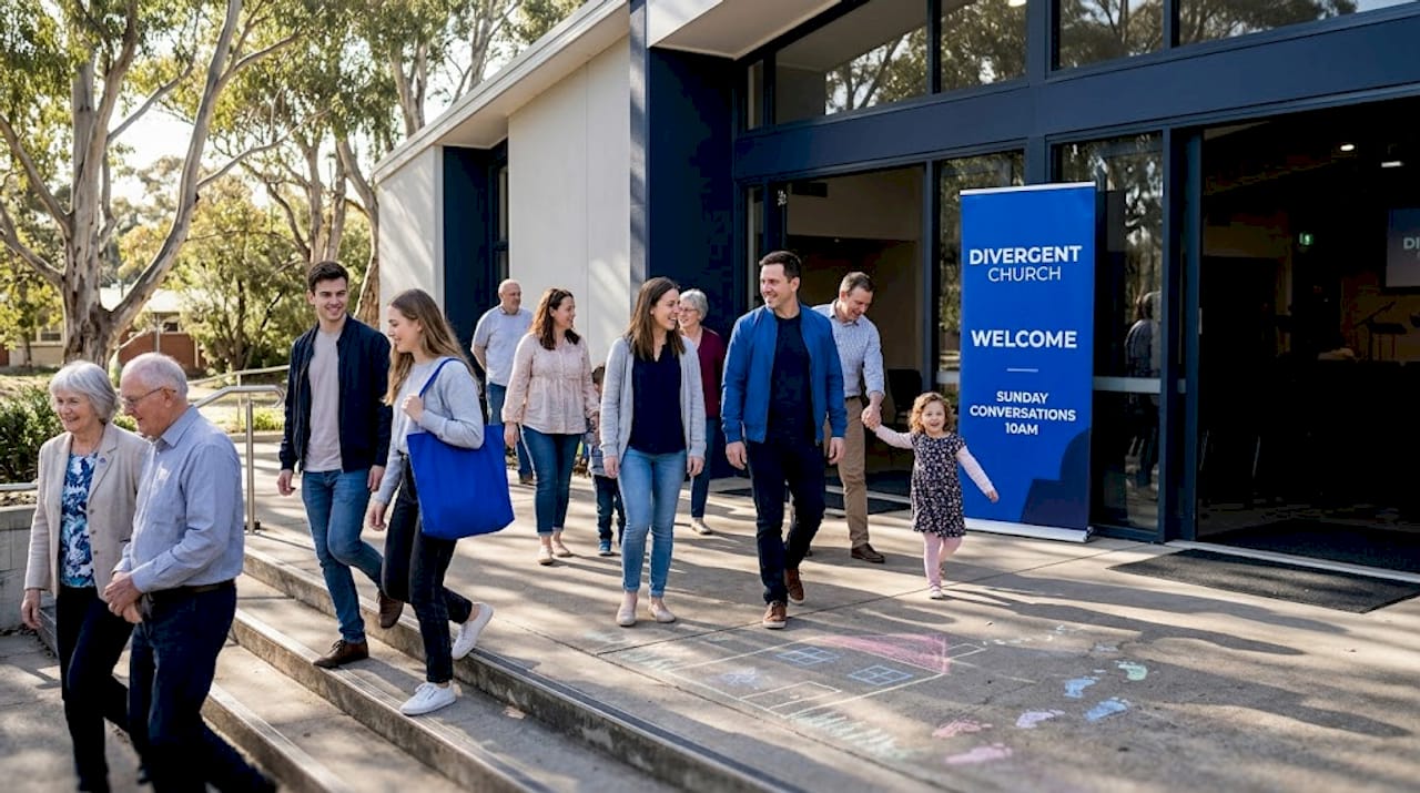 Locals arriving at contemporary Canberra church